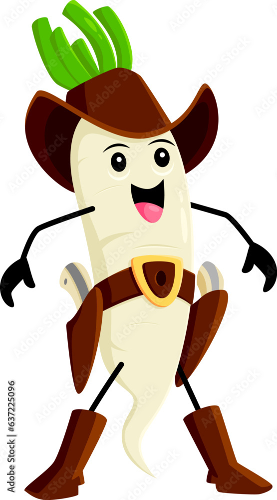 Naklejka premium Cartoon wild west daikon radish cowboy vegetable character. Isolated vector fresh lively veggies personage wear stockrider attire bringing a playful twist with its unique charm and adventurous spirit