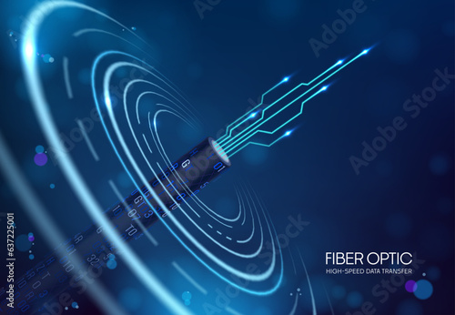 Fiber optic cable 3d vector futuristic background with flexible strand made of glass or plastic that carries digital data as pulses of light, enabling high-speed and long-distance communication photo