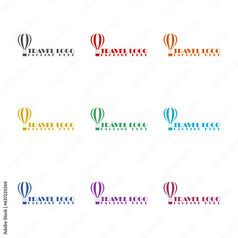  Travel logo air balloon template icon isolated on white background. Set icons colorful