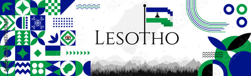 The Lesotho Independence Day abstract banner design with flag and map. Flag color theme geometric pattern retro modern Illustration design. Blue and green color template.