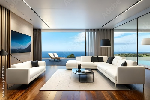 Modern living room beautiful modern white house with a swimming pool is a classic image of luxury and contemporary architecture.