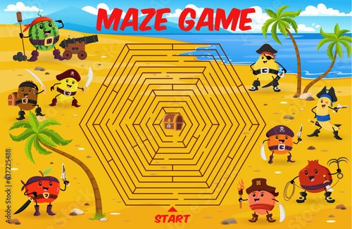 Labyrinth maze game. Cartoon fruit pirates and corsairs characters in tropical island with treasure chest. Kids vector worksheet with mango, kiwi or apple. Quince, banana, orange and garnet with peach