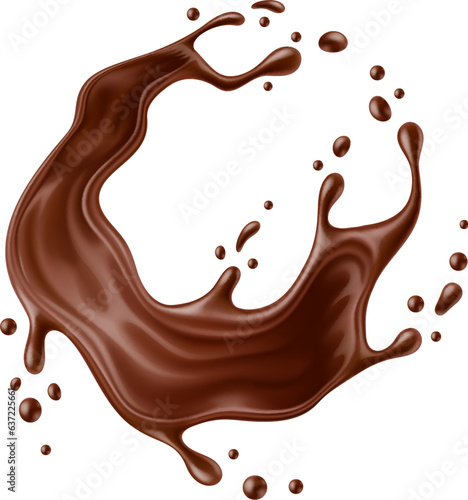 Realistic chocolate milk round splash wave with melted drops. Vector 3d dark cocoa drink and dessert food swirl, isolated brown whirlwind of hot chocolate, milk shake, choco sauce or syrup spill