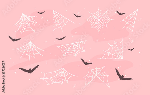 White spider webs and black bats in Cute Pink Halloween background. Elements for decor for the celebration of Halloween. Cute Halloween vector elements. 