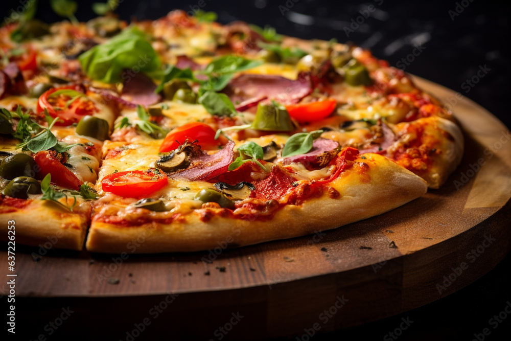 Close up pizza on wood plate.