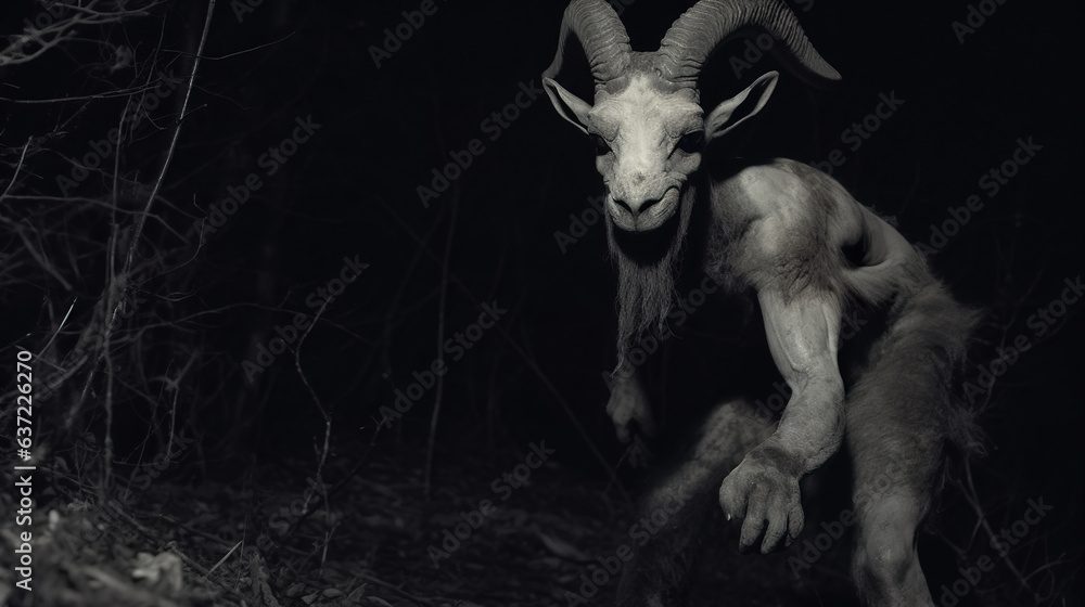 Goatman is a creature resembling a goat-human hybrid  - obrazy, fototapety, plakaty 