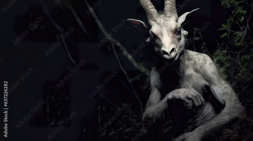 Goatman is a creature resembling a goat-human hybrid  - obrazy, fototapety, plakaty 