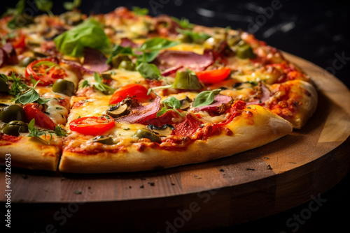 Close up pizza on wood plate.