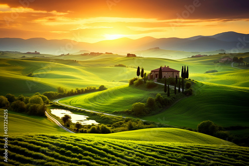 Generative AI landscape illustration of Tuscany valley in Italy at sunset time © Eduardo López