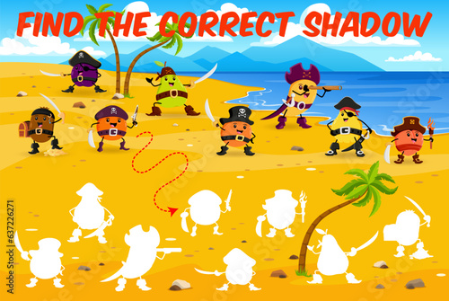 Find the correct shadow of cartoon fruit pirates and corsairs characters game quiz. Vector kids worksheet with shadow matching puzzle, orange, mango, peach, plum and kiwi filibusters personages