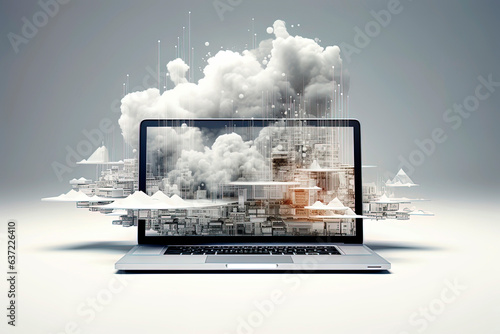 Generative AI illustration of futuristic architecture, digital connection, cloud informations photo