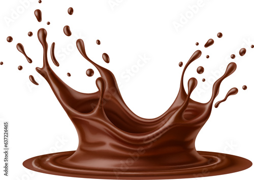 Realistic chocolate milk crown corona splash with creamy texture, vector 3d cocoa drink and food. Hot chocolate beverage, melted choco candy, cacao milk shake, sauce or syrup crown splash with drops