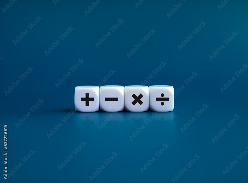 Plus, minus, multiplication and division signs on white dice cube blocks isolated on blue background, minimal style. Financial, mathematics and calculations concepts. Plus, minus, multiplication and division signs on white dice cube blocks isolated on blue background, minimal style. Financial, mathematics and calculations concepts.