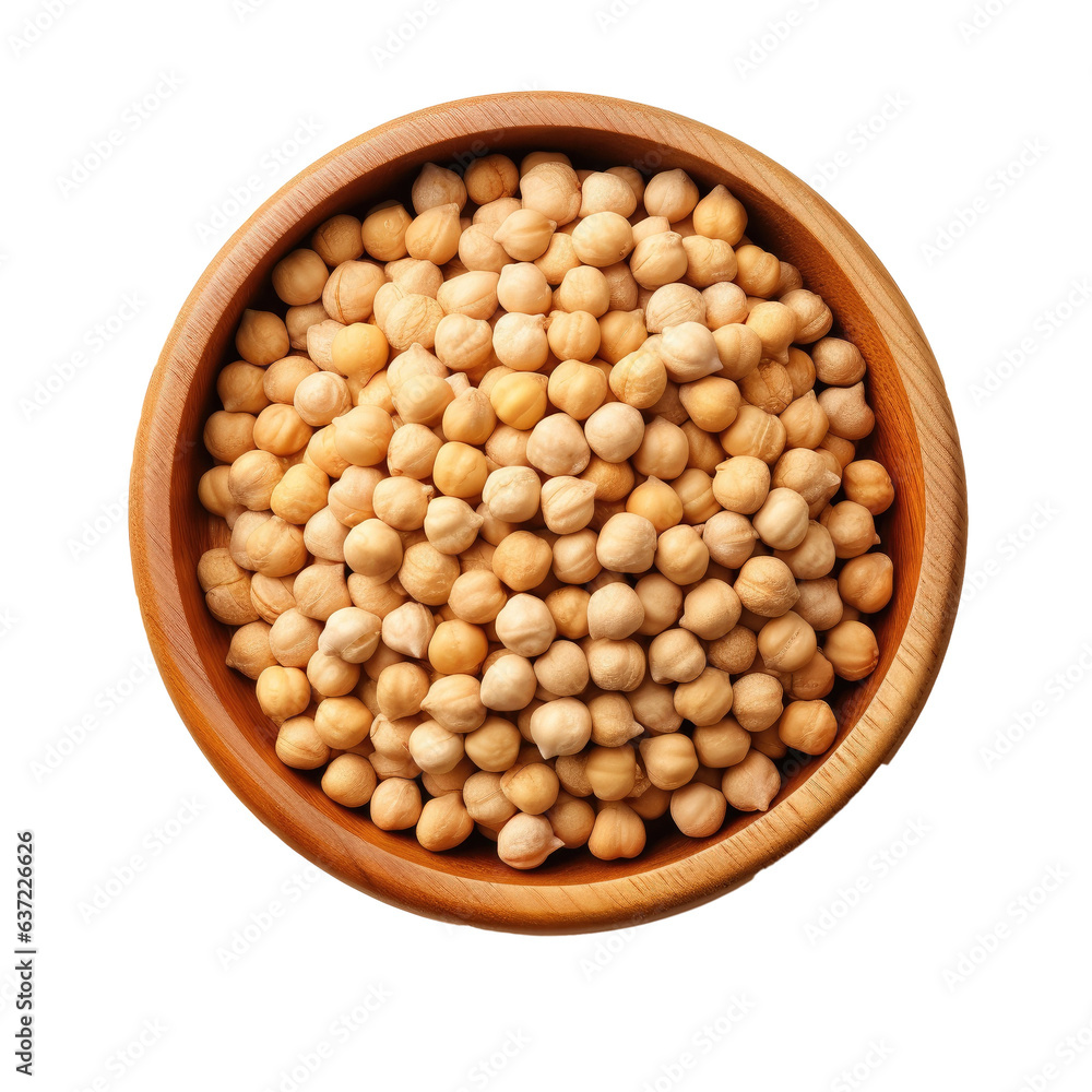 Dried chickpeas in wooden bowl on transparent background from above Dried chickpeas in wooden bowl on transparent background from above
