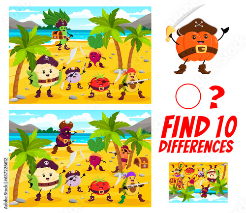 Find ten differences between cartoon vegetable pirates and corsairs characters kids game quiz. Cute veggie filibusters personages on treasure island vector puzzle worksheet with carrot, pepper, tomato
