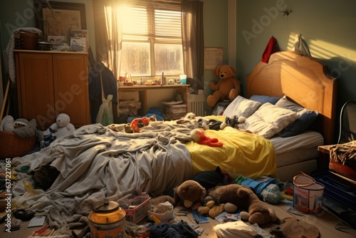 Messy bedroom, unmade bed, clothes, toys, full hamper. Concept of disorder and untidiness.