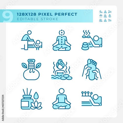 Pixel perfect icons set representing meditation  editable blue thin line wellness illustration.