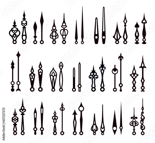Watch arrows, clock hands, time pointers set. Isolated vector black moving elements on a timepiece that indicate the hours, minutes, and seconds, allowing for easy reading of the time