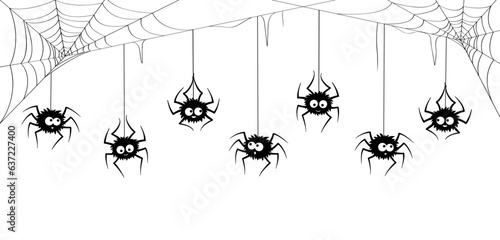 Spider Halloween characters border with cobweb. Vector spinner personages and spiderwebs monochrome frame on white background. Black funny insects hanging on strings down the tangled webs