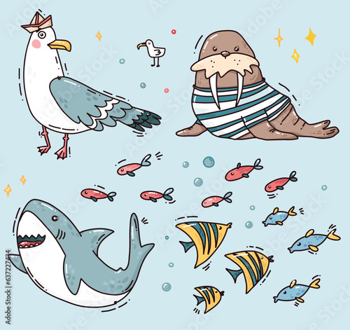 hand drawn vector illustration of ocean animals