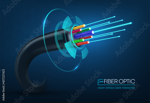 Fiber optic cable, 3d vector flexible strand of glass or plastic that transmits data using light signals, providing high-speed and reliable communication for internet, phone, and television services