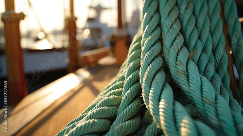 Proximate to the sailboat, a rope awaits its nautical purpose. photo