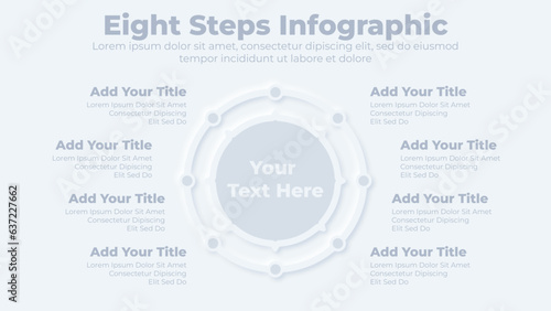 Circular steps infographics template design with eight steps or options
