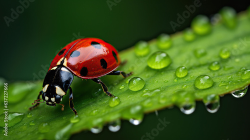 A Glimpse into the Delicate Charm of a Dewy Ladybug, Embodying the Simplicity and Grace of Small Life. © rorozoa