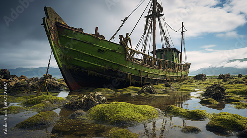 An old ship covered in green algae rests in the water.