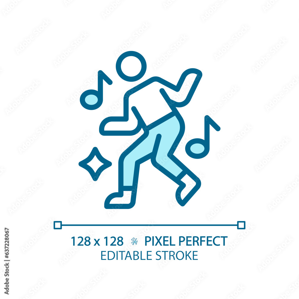 2D pixel perfect editable blue dance icon, isolated vector, thin line illustration.