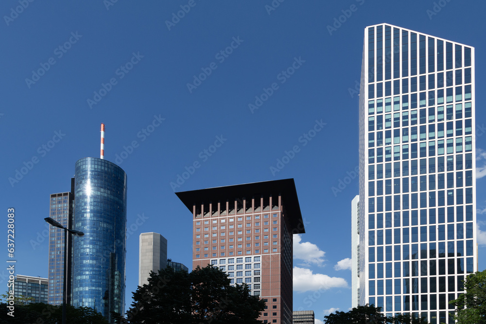 scenic view to skyline of Frankfurt with skyscraper owned by banks