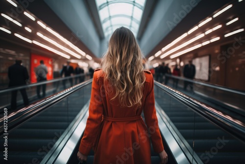 Back view of young woman walking up escalator. AI Generated