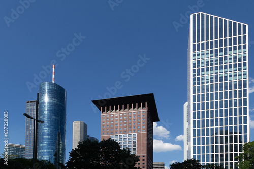 scenic view to skyline of Frankfurt with skyscraper owned by banks