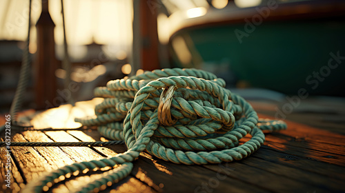 Proximate to the sailboat, a rope awaits its nautical purpose.