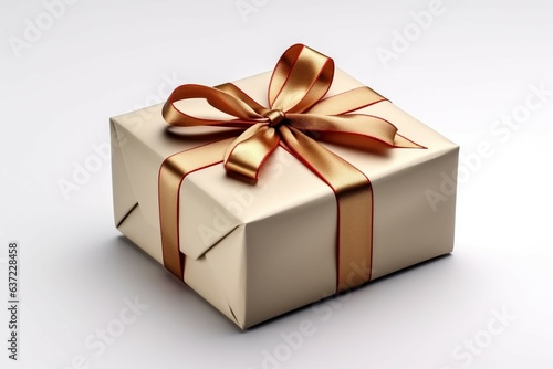 Classic allure: Isolated vintage gift box, red ribbon bow, pure white setting. Generative AI