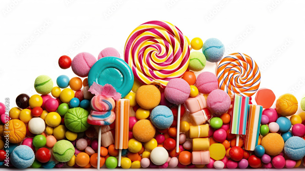Colorful candies, chocolates, and lollipops create a playful mosaic against a white background.