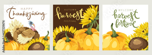 Postcards for Thanksgiving Day or autumn festival. Set of vector design elements, backgrounds with pumpkins, sunflowers and turkey. Handwritten calligraphy title.