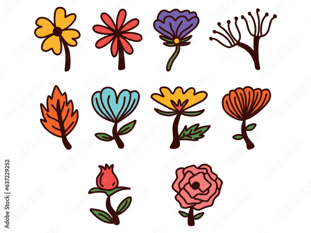 Retro flowers vector art, icons, flower graphics, flower colorful art, 70s fall flowers