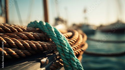 Near the sailboat, a rope is positioned, ready for maritime adventures.