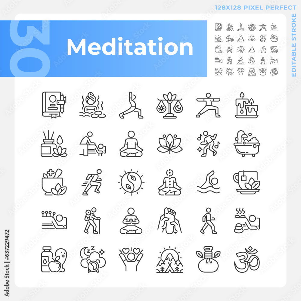 Fototapeta premium Pixel perfect black icons set representing meditation, editable thin line wellness illustration.