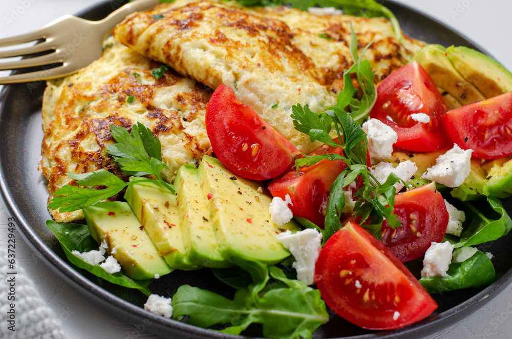 Omelette Served with Avocado and Cherry Tomatoes, Healthy Breakfast Omelette Served with Avocado and Cherry Tomatoes, Healthy Breakfast