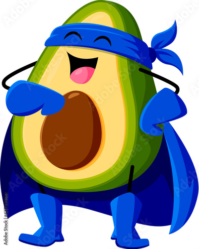 Cartoon mexican superhero avocado character. Isolated vector traditional vegetable or fruit of Mexico super hero. Funny kids menu tex mex food personage wear blue cape and mask ready for the feat