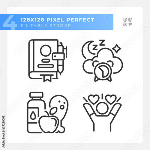 2D pixel perfect black icons set representing meditation, editable thin linear wellness illustration.