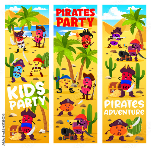 Kids pirate party. Cartoon vitamins and micronutrient corsair characters. Vector vertical banners with P, I, K and Mn, Fe, Cl or Mg with Se and Zn filibuster capsule personages on treasure island