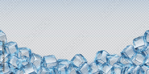 Ice cubes and crystals background. Realistic 3d vector frame, isolated border of blue transparent frozen water pieces. Glass or icy solid pieces, template for drink ads with clean square blocks