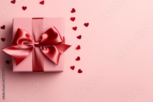 Pink box  red bow  hearts on pink. Top-view holiday web banner perfection. Generative AI