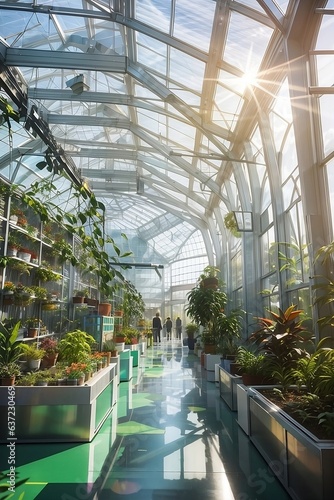 A cityscape of modern architecture, with the addition of a lush, vibrant network of interconnected greenhouses, their glass walls reflecting the light of the sun
