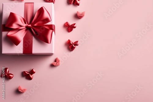 Pink box, red bow, hearts on pink. Top-view holiday web banner perfection. Generative AI © Muhammad Shoaib
