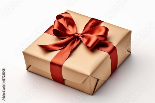 Standalone elegance: Vintage gift box adorned with red ribbon bow on white. Generative AI