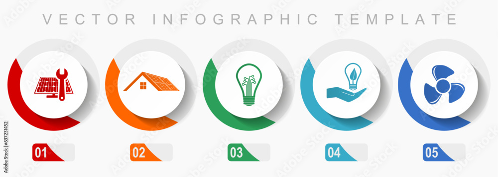 Renewable energy icon set, miscellaneous icons such as solar panel, house, light bulb and heater, flat design vector infographic template, web buttons in 5 color options Renewable energy icon set, miscellaneous icons such as solar panel, house, light bulb and heater, flat design vector infographic template, web buttons in 5 color options